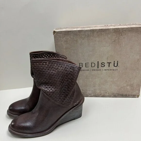 Bed Stu Boots Womens Size 8 Brown Dutchess Teal Cut Out Wedge Booties Ladies - Picture 2 of 14